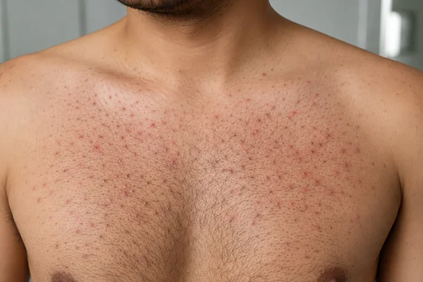 Close-up of a man's chest showing multiple ingrown hairs, razor bumps, and irritated hair follicles before professional laser hair removal treatment at Elite Laser Care in Scottsdale and Phoenix, Arizona.