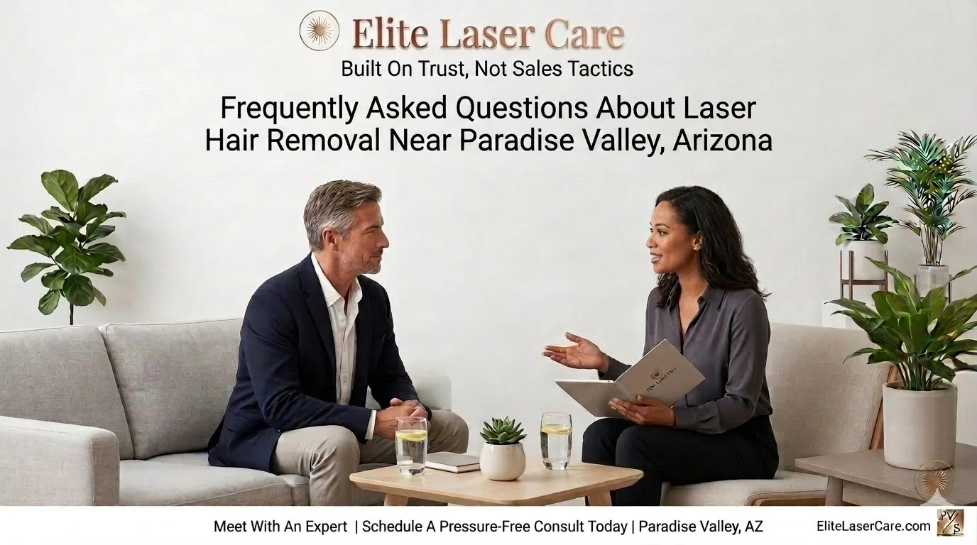 Client discussing laser hair removal treatments, preparation, safety, and expected results with a specialist serving Paradise Valley.