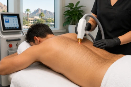 Man receiving professional back laser hair removal treatment near Kierland in Scottsdale, Arizona