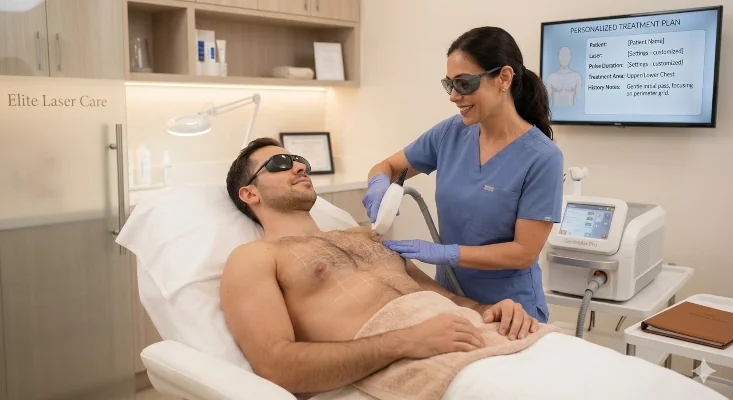 Man undergoing professional men's chest laser hair removal treatment demonstrating precision and personalized care at Elite Laser Care in Scottsdale, Arizona.