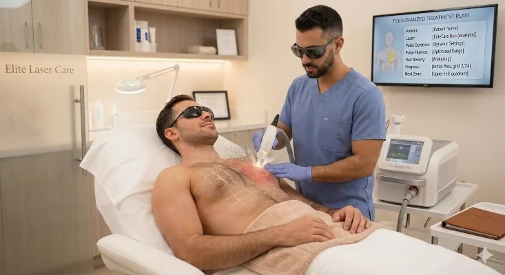 Man receiving professional men's chest laser hair removal treatment showing the step-by-step treatment process at Elite Laser Care in Scottsdale, Arizona.