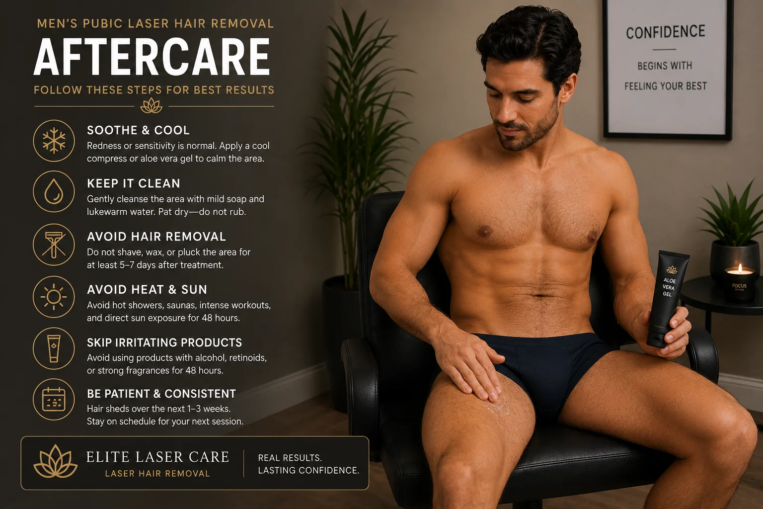 Aftercare recommendations following men's pubic laser hair removal treatment at Elite Laser Care in Scottsdale, Arizona.