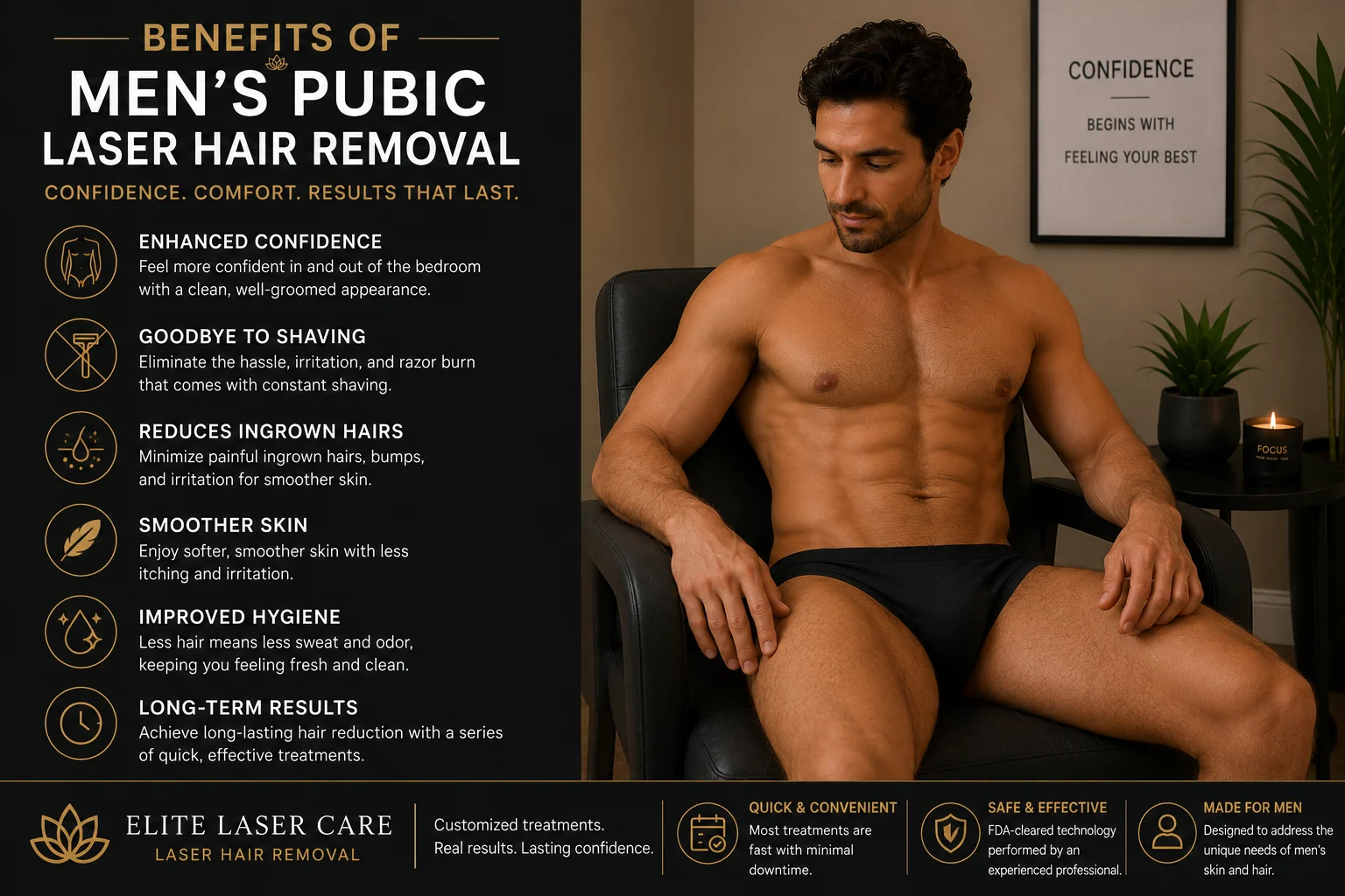 Benefits of men's pubic laser hair removal including smoother skin and reduced grooming at Elite Laser Care in Scottsdale, Arizona.