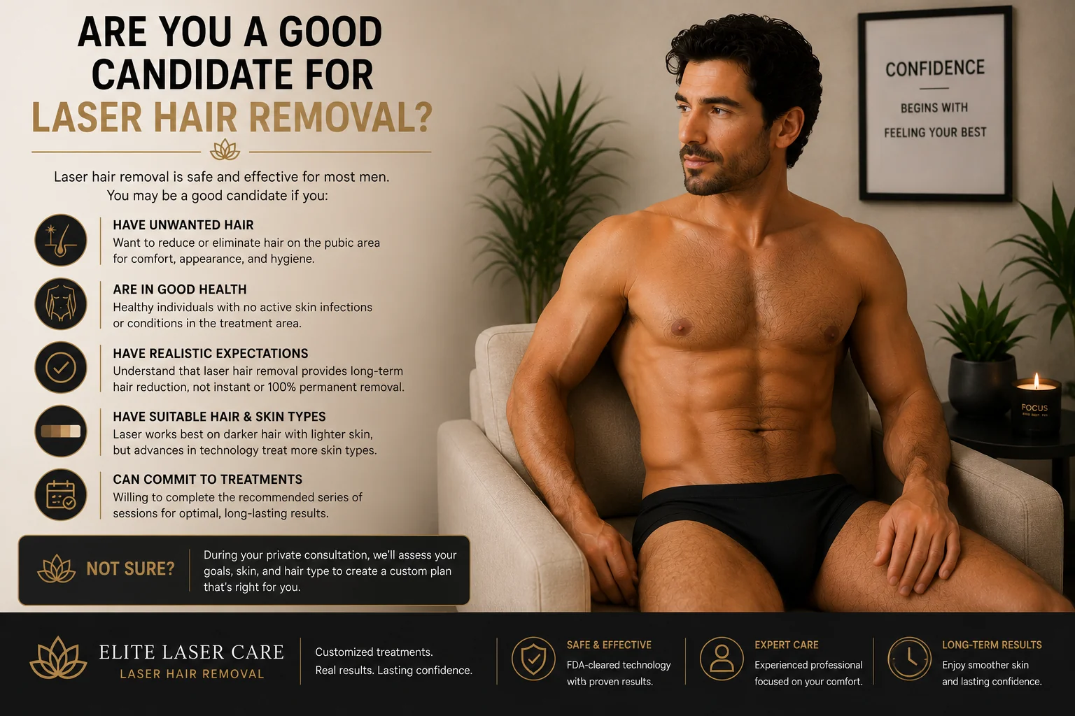 Men's pubic laser hair removal may fulfill your aspirations of becoming hair-free at Elite Laser Care in Scottsdale, Arizona.