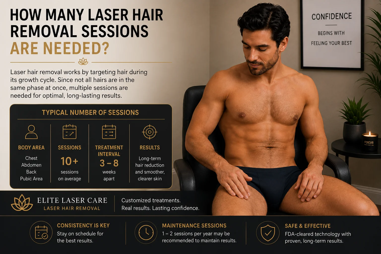 Illustration explaining multiple laser hair removal sessions for long-term pubic hair reduction at Elite Laser Care in Scottsdale, Arizona.