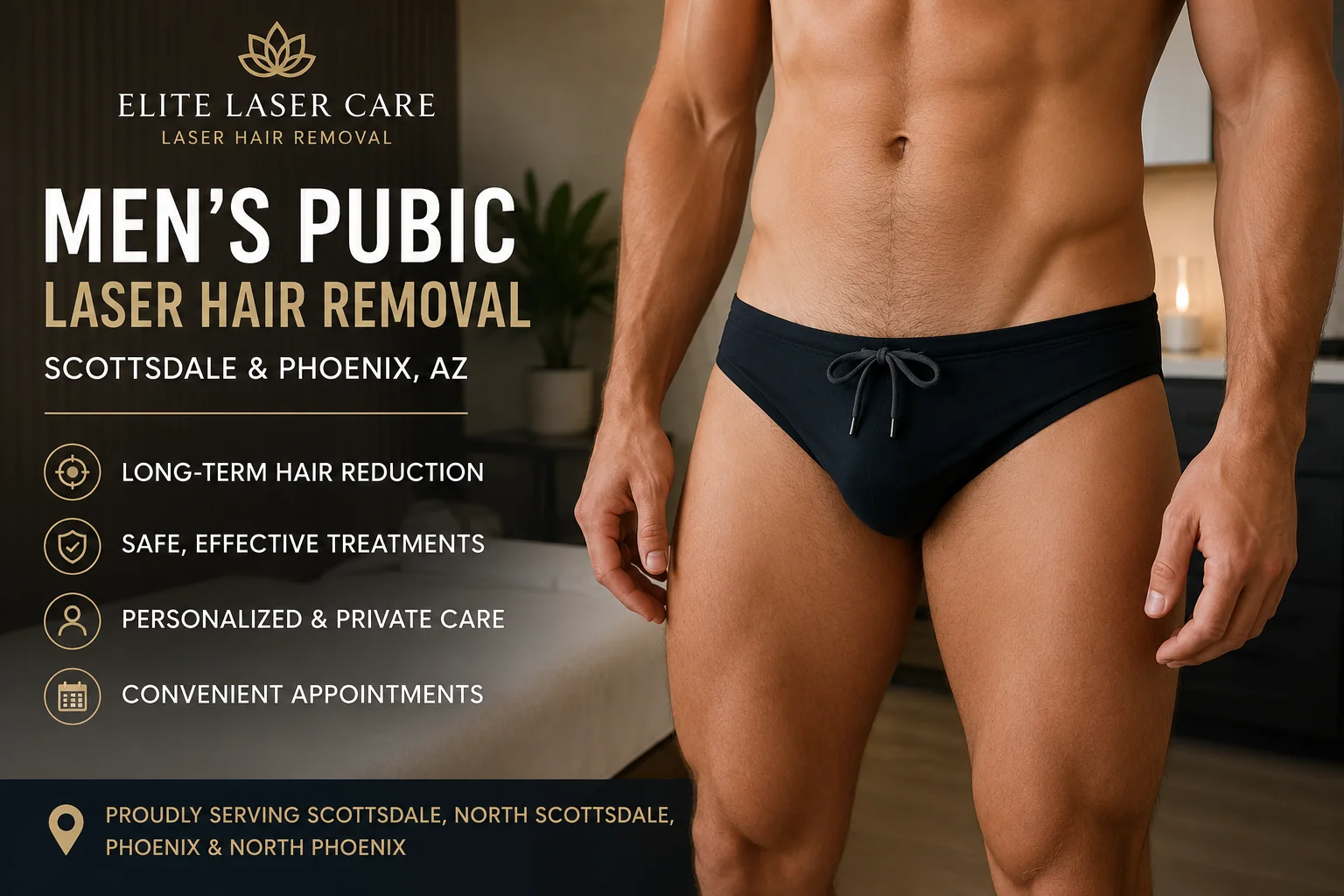 Professional men's pubic laser hair removal treatment preparation at Elite Laser Care in Scottsdale and Phoenix, Arizona.