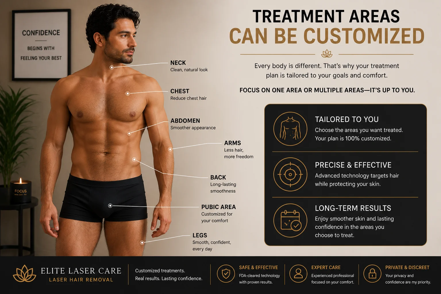 Illustration showing customizable men's pubic laser hair removal treatment areas at Elite Laser Care in Scottsdale and Phoenix, Arizona, highlighting personalized laser hair removal plans for individual grooming goals.