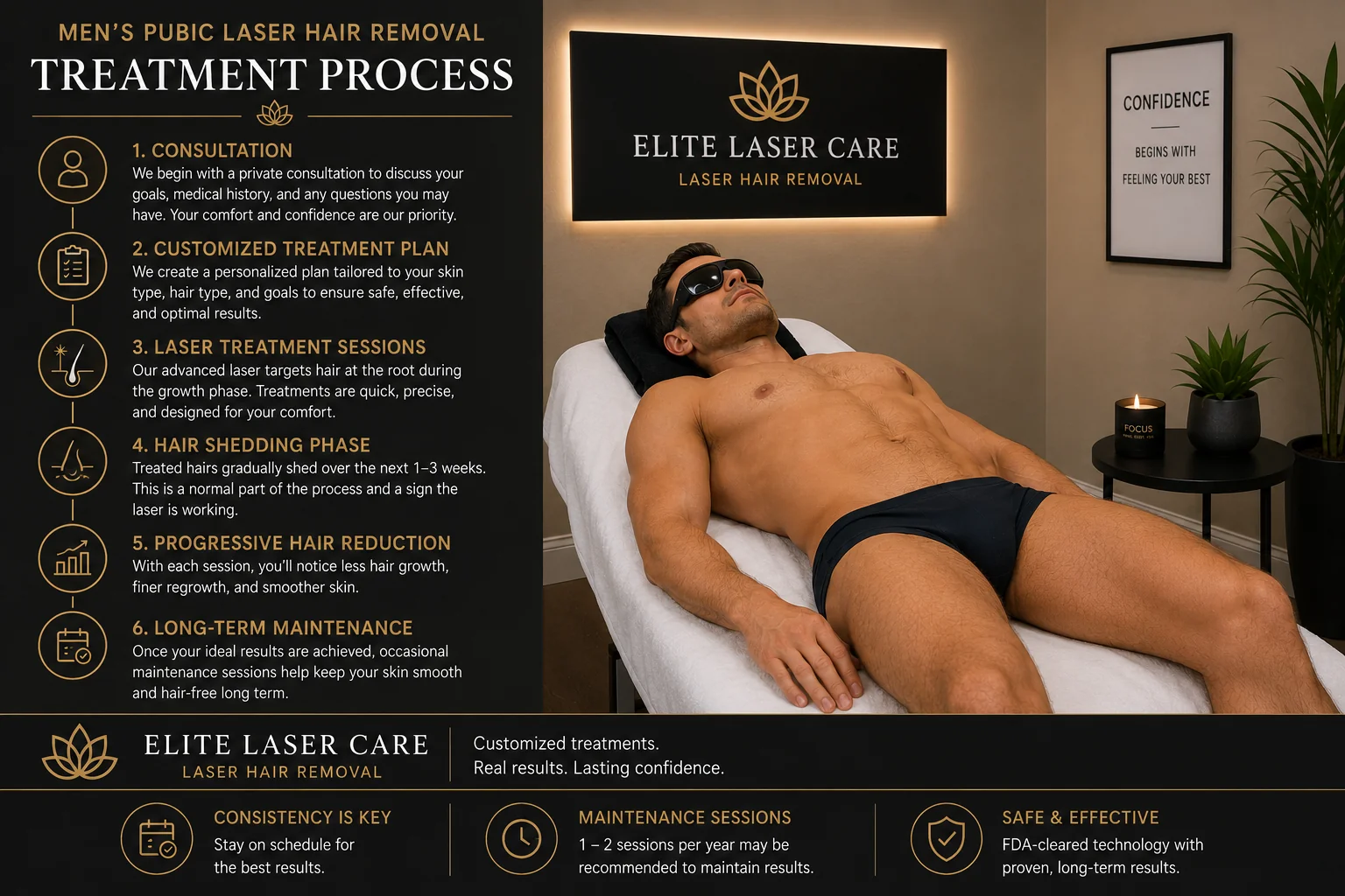 Step-by-step men's pubic laser hair removal treatment performed by Elite Laser Care.